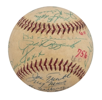 1950s Baseball Stars Multi-Signed Baseball With 27 Signatures Including A Bold Jimmie Foxx, Rizzuto & Manush (PSA/DNA)